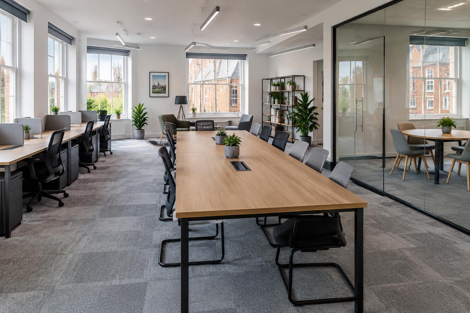 AI illustration: clean UK shared workspace with communal desks and a glass meeting room