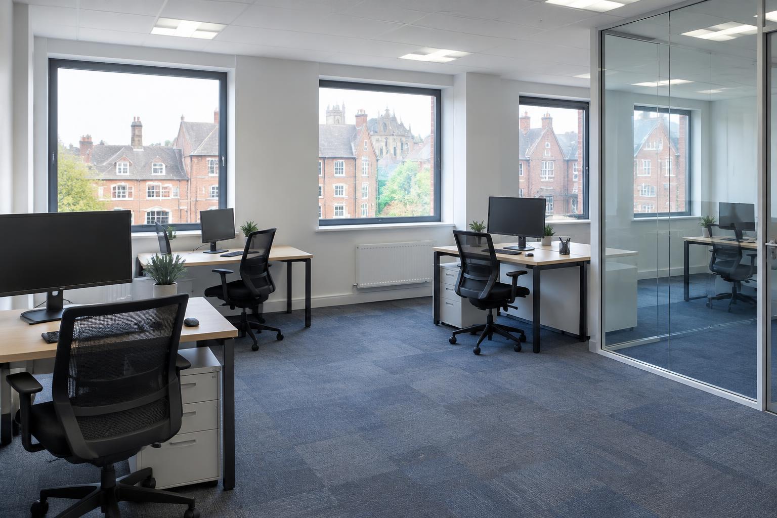 AI illustration: clean UK office with desks, carpet tiles and glass partitions