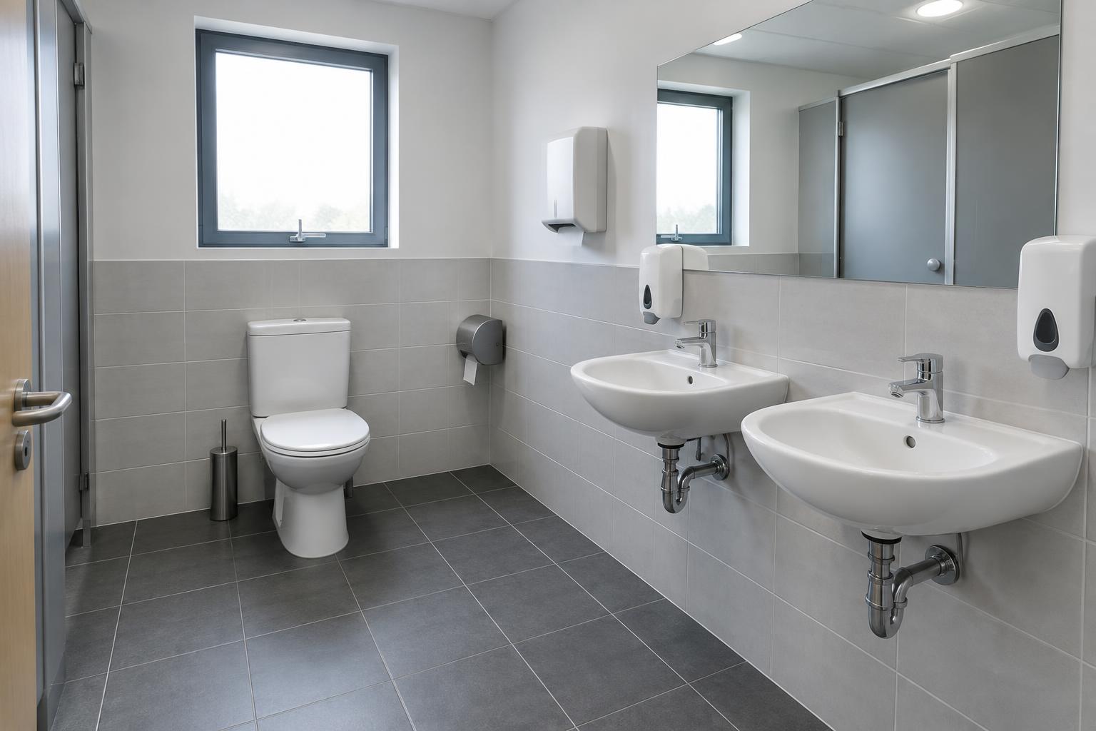 AI illustration: clean UK workplace washroom with basins and tiled floor