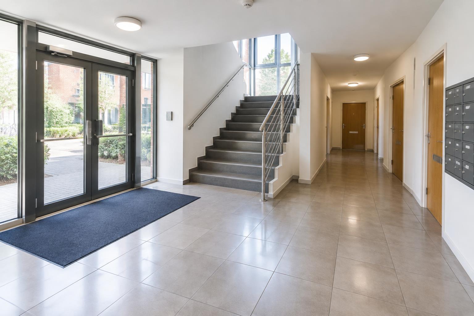AI illustration: clean UK communal entrance with tiled floors, stairs and shared corridor