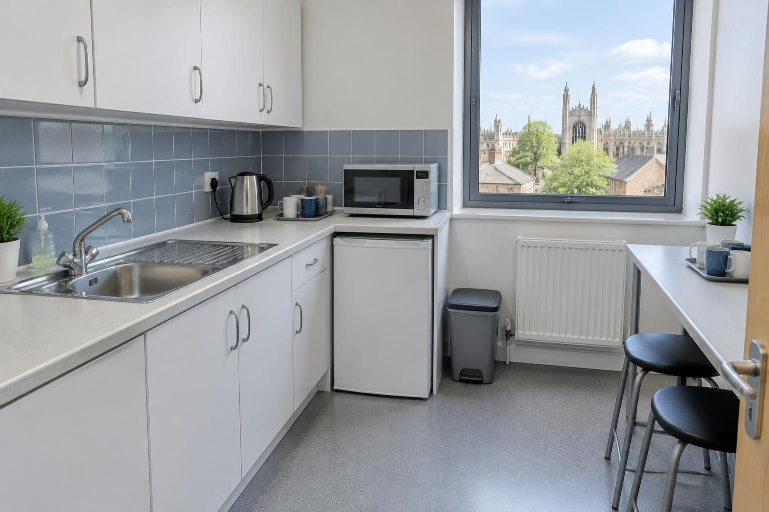 AI illustration: clean UK workplace staff kitchen with sink and worktops