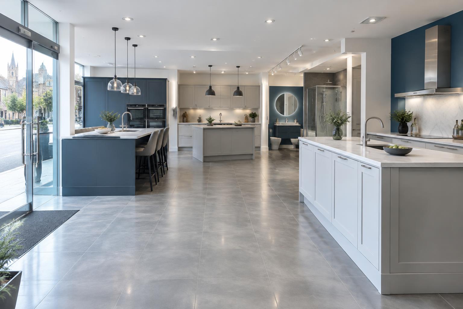 AI illustration: clean UK kitchen and bathroom showroom with tiled floors