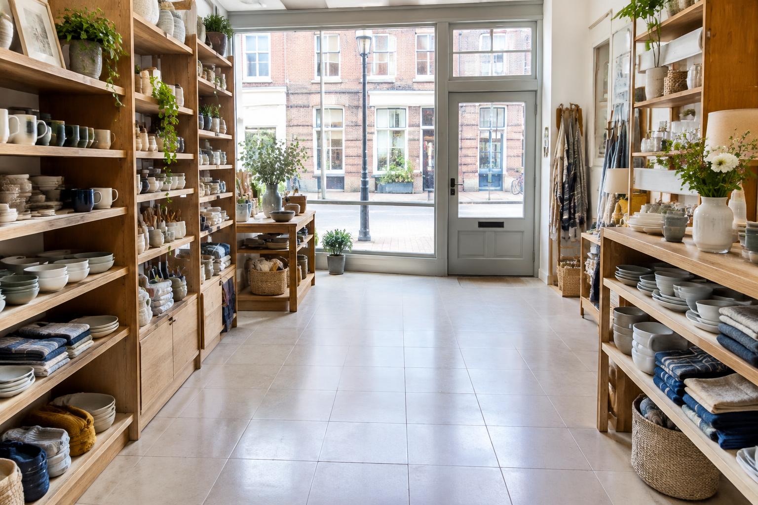 AI illustration: clean UK retail shop with tiled aisle and homeware displays