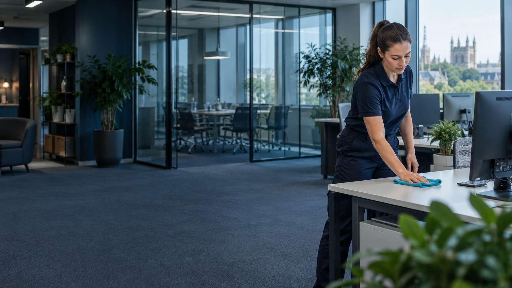 Professional cleaner wiping a desk in a modern Cambridge office