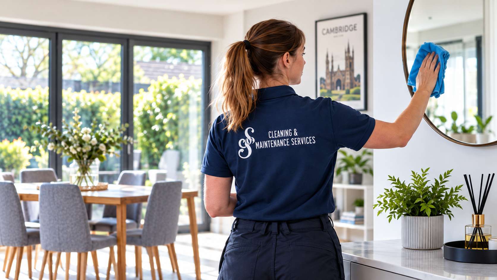 Cleaner polishing a mirror in a bright Cambridge home