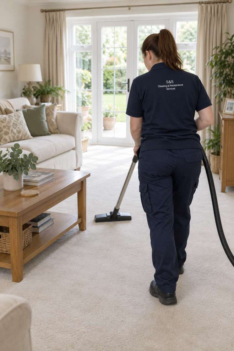 Cleaner vacuuming the carpet in a bright, comfortable living room
