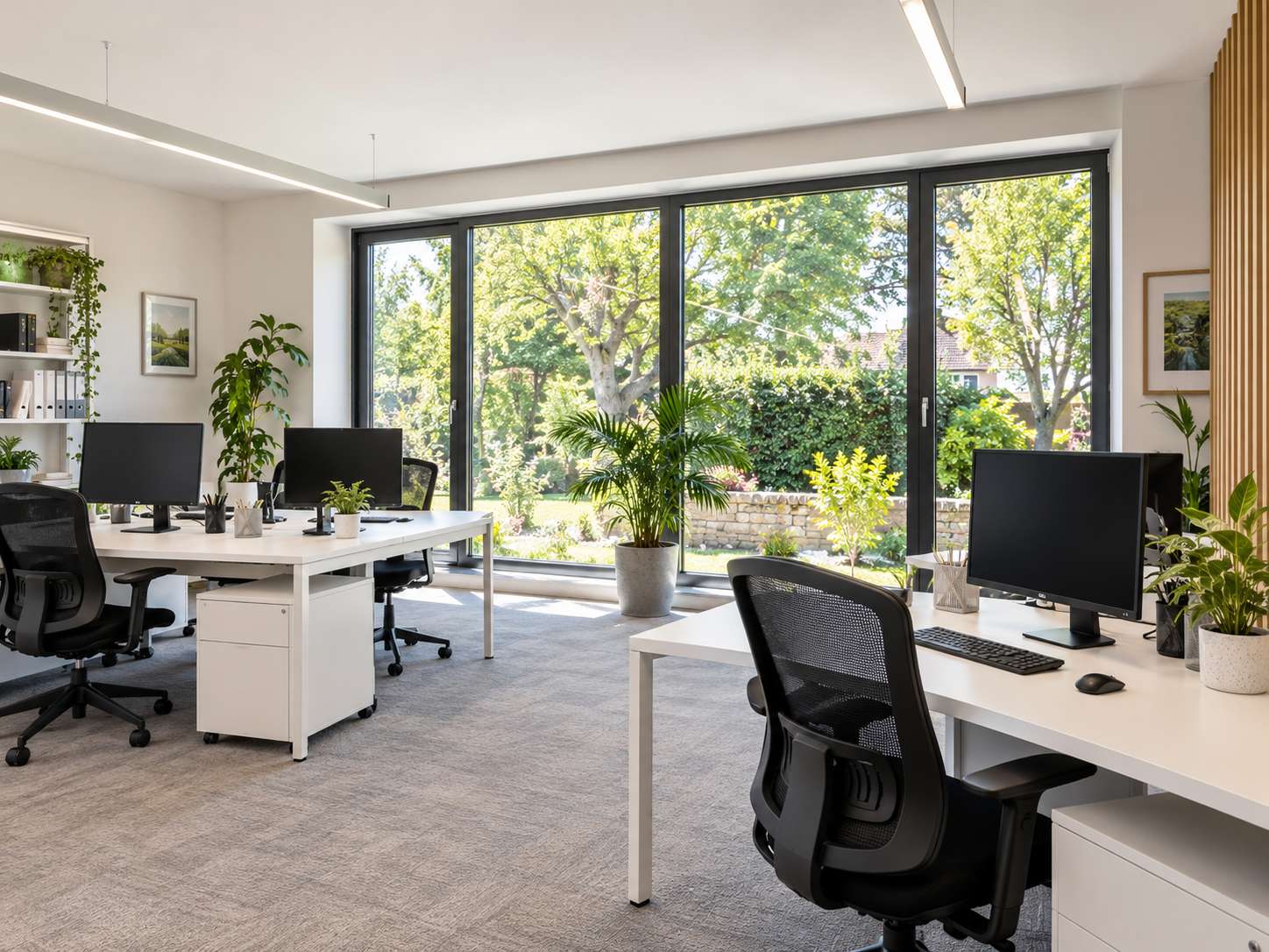 Bright clean office with desks and large windows